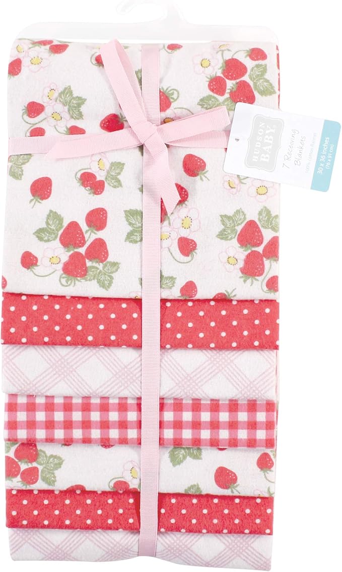 Hudson Baby Unisex Baby Cotton Flannel Receiving Blankets Bundle, Strawberries, One Size