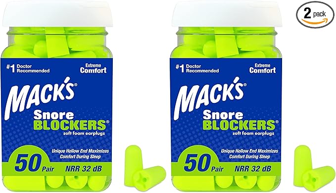 Mack’s Snore Blockers Soft Foam Earplugs, 50 Pair – 32 dB High NRR, 37 dB SNR – Comfortable Ear Plugs for Sleeping, Snoring, Loud Noise and Travel (Pack of 2)