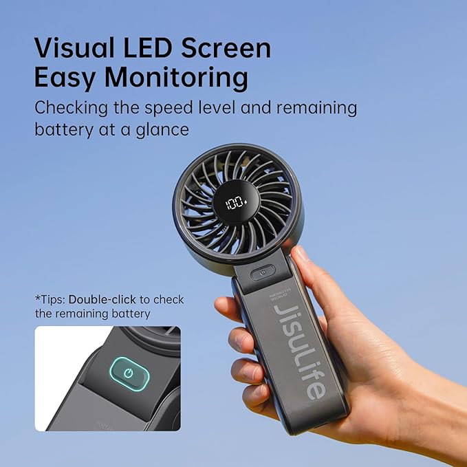 JISULIFE Handheld Fan Life7 – Ultimate Flexibility: Wide & Strong Airflow, 13H Max Cooling, 3600mAh Rechargeable, 5-Speed, LED Display, 3 IN 1 Portable Fan for Travel, Concerts, Sports Events(Black)