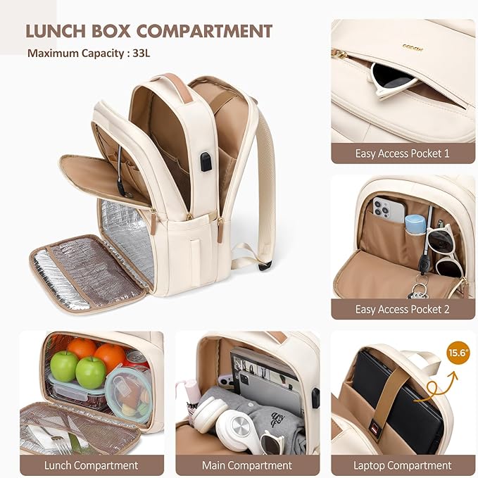 MDODO Lunch Backpack for Women Men,15.6Inch Insulated Lunch Box Backpack with USB Charging Port, Diaper Laptop Back pack for Travel Picnic Work Teacher Nurse,Beige