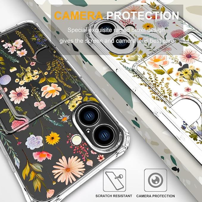 Compatible with iPhone 17 Case Card Holder for Women Cute Design,Wallet Phone Cases Transparent Cool Kawaii Protective (Clear Watercolor Floral)