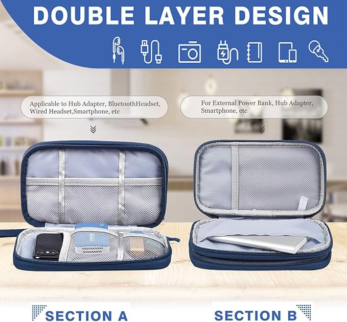 CAAORDKSO Electronic Bag Travel Cable Accessories Bag Waterproof Double Layer Electronics Organizer Portable Storage Case for Cable, USB, Cord, Charger, Phone, Power Bank, Earphone (Navy Blue, Large)