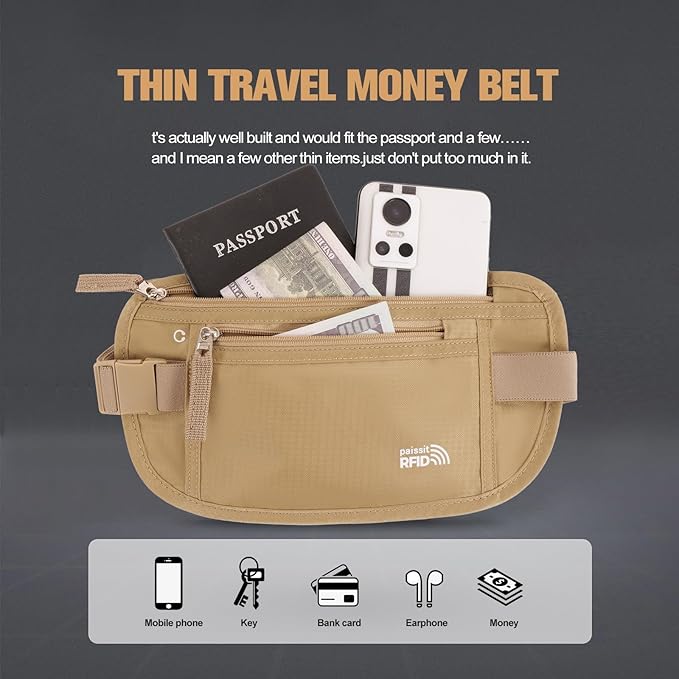 Small Unisex Money Belt For Men and Women, Slim Passport Holder RFID Blocking Travel Essentials Pouch with Adjustable Strap Small Waist Pouch for Workout Running Travelling Hiking, Beige & 8 Sleeves