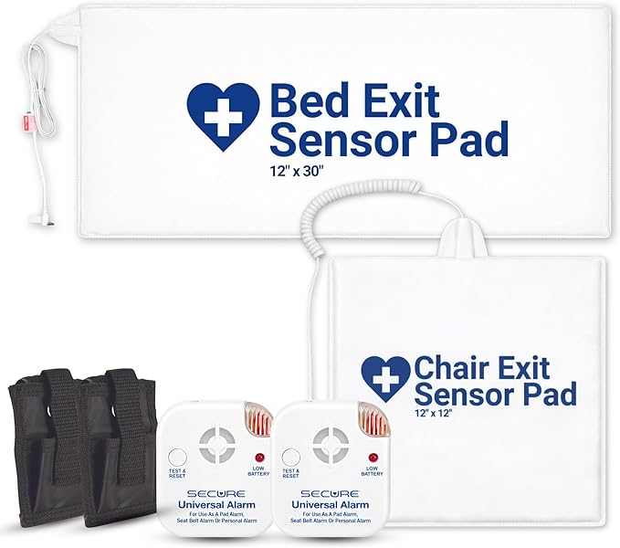 Secure Safety Solutions Bed & Chair Exit Alarm for Elderly Adults, 2 Patient Monitors with 12 x 30 Bed Sensor & 12 x 12 Chair Sensor, Caregiver Alert System for Fall Prevention, Dementia & Wandering