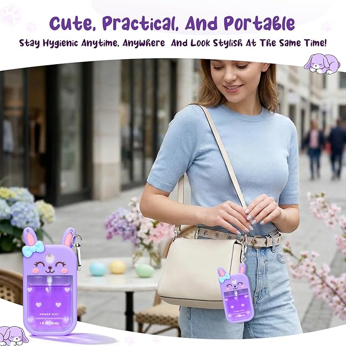 Bunny Silicone Case for Touchland Hand Sanitizer Spray with Keychain Holder, Compatible with Power Mist & Glow Mist 1 FL Oz/30ML for Touchland Case, Easter Cute Travel Cover Sleeve Purple