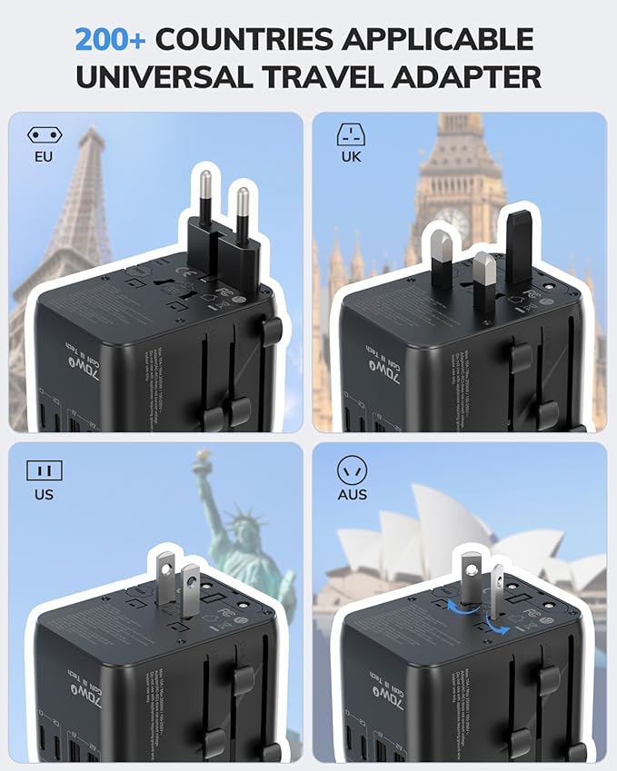 Hichain 70W GaN Universal Travel Adapter, European Travel Plug Adapter 2 USB-A & 2 USB-C Fast Charging Travel Adapter All-in-one International Power Adapter for USA EU UK AUS Travel Essentials Black