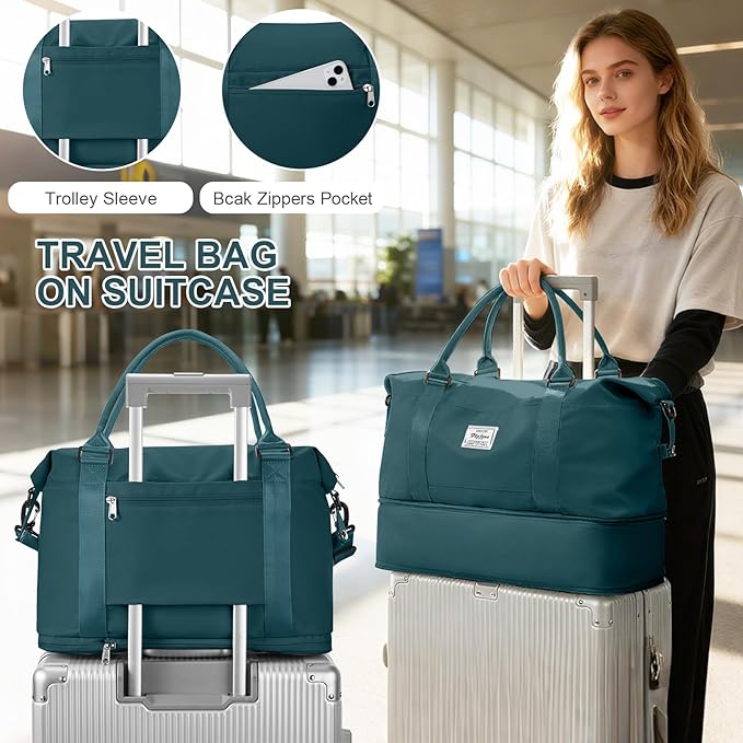 Travel Duffel Bag, 18x14x8 Inches Travel Bag Spirit with Shoes Compartment, Weekender Overnight Bag for Women with Trolley Sleeve, Carry On Bag for Airplanes Sport Tote Gym Bag(Blue)