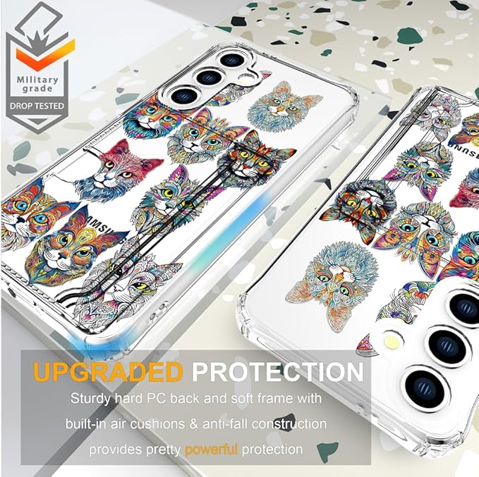 Compatible with Samsung Galaxy S24+ Plus / S25+ Plus Case Card Holder for Women Cute Design,Wallet Phone Cases Transparent Cool Kawaii Protective (Clear Tattoo Cats Animal)