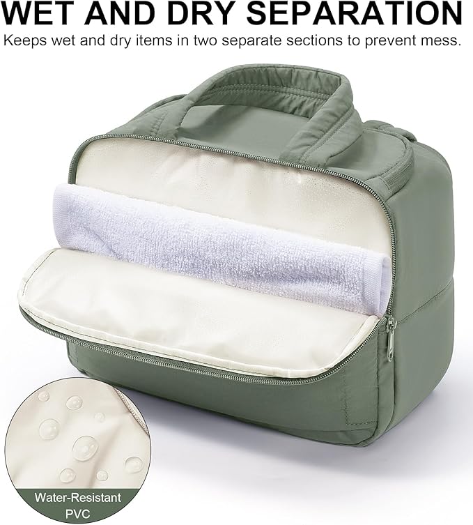 Bagstellar Travel Toiletry Bag for Women, Lightweight Large Quilted Puffy Makeup Bag Wide-open Make up Organizer Cloud Cosmetic Bag w/Handle for Traveling Toiletries Essentials Accessories Sage Green
