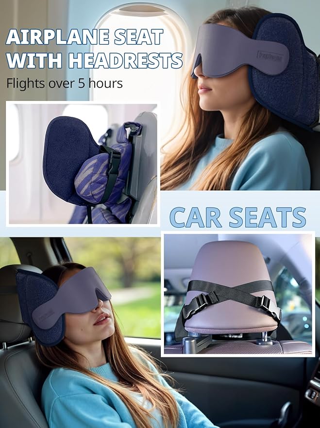 Inspireyes Travel Pillows for Airplanes, Airplane Pillow with Sleep Eye Mask, 360° Support Headrest Strap Travel Essentials for Long Flight, Car Trip, No Bobblehead, Fit Various Heights, Dark Grey
