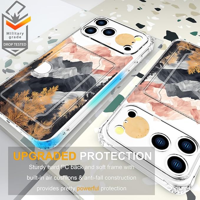 Compatible with iPhone 17 Pro Max Case Card Holder for Women Cute Design,Wallet Phone Cases Transparent Cool Kawaii Protective (Clear Mountain Hill Landscape)