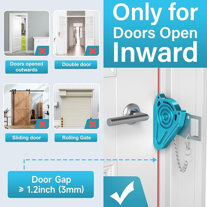 Metal Portable Door Lock for Travel Hotel Room Safety - Hotel Door Locks for Travelers Security, Extra Door Lock from Inside, Apartment Room Security Latches & Bolts Travel Essentials,Blue