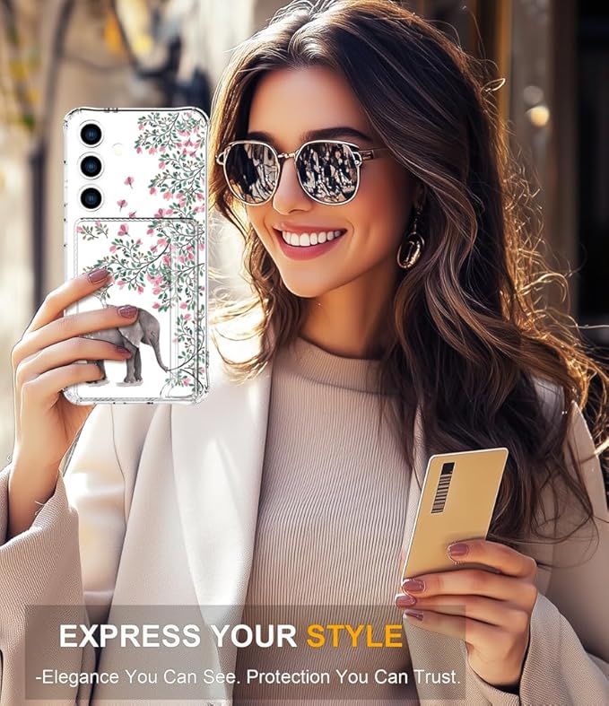 Compatible with Samsung Galaxy S24+ Plus / S25+ Plus Case Card Holder for Women Cute Design,Wallet Phone Cases Transparent Cool Kawaii Protective (Clear Elephant Flowers)