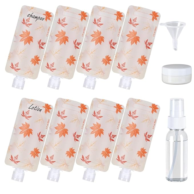 PACKISM 11 Pack Travel Pouches for Toiletries, 3 oz TSA Approved Liquid Containers, Leak Proof Squeeze Bags for Cruise & Camping, Space Saving Refillable Carriers, Active Red Maple Leaf