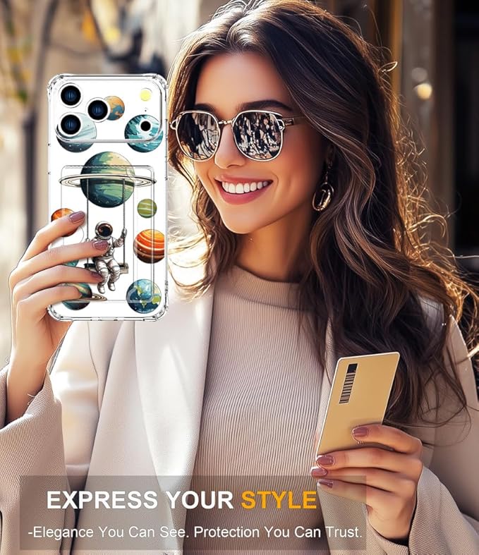 Compatible with iPhone 17 Pro Max Case Card Holder for Women Cute Design,Wallet Phone Cases Transparent Cool Kawaii Protective (Clear Astronaut Space Planets)