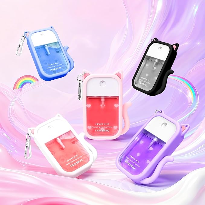 Cat Silicone Case for Touchland Hand Sanitizer Spray with Keychain, Compatible with Power Mist & Glow Mist 1 FL Oz/30ML for Touchland Case, with Charms Accessory Cute Travel Cover Sleeve Pink