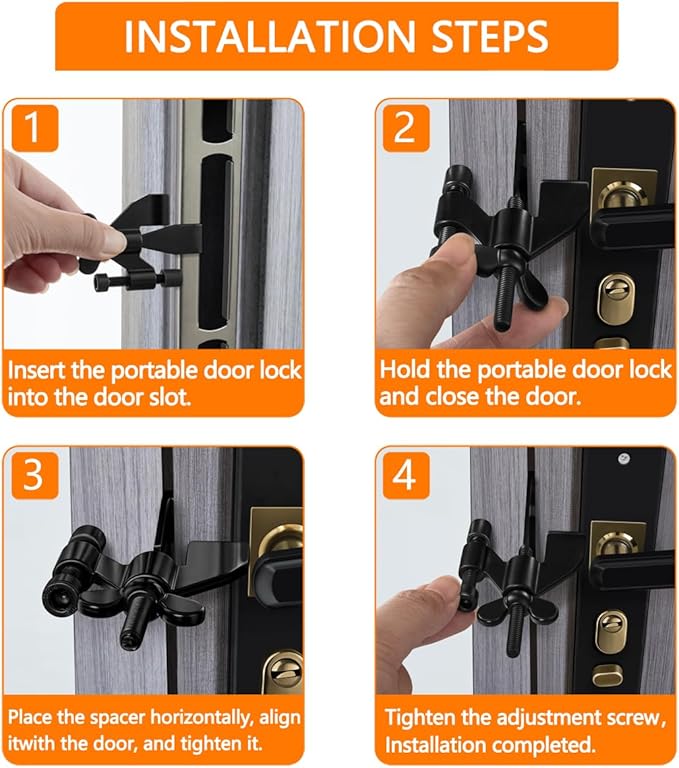 INIRET 4 Pack Black Adjustable Heavy Duty Portable Door Lock,Security Device for Enhanced Safety,for Home,Travel,Hotels,Apartments Prevents Unauthorized Entry,No Drill,Silicone Protector Caps Included