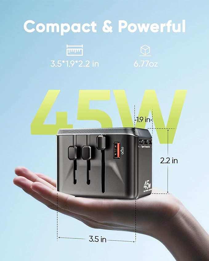 TenTrend Universal Travel Adapter, 45W International Power Adapter with 4 USB-C & 1 USB-A Ports, European Travel Plug Adapter, Worldwide Travel Essentials for EU UK AUS USA