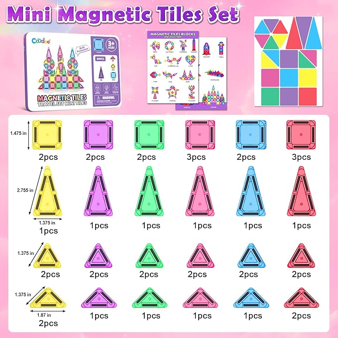 Magnetic Tiles Mini Travel Toys Set for Kids, Magnetic Blocks Building Toy Preschool Classroom Must Haves, Montessori Sensory Outdoor Kids Toys for Toddlers 3+ Year Old Girls Boys Travel Essential