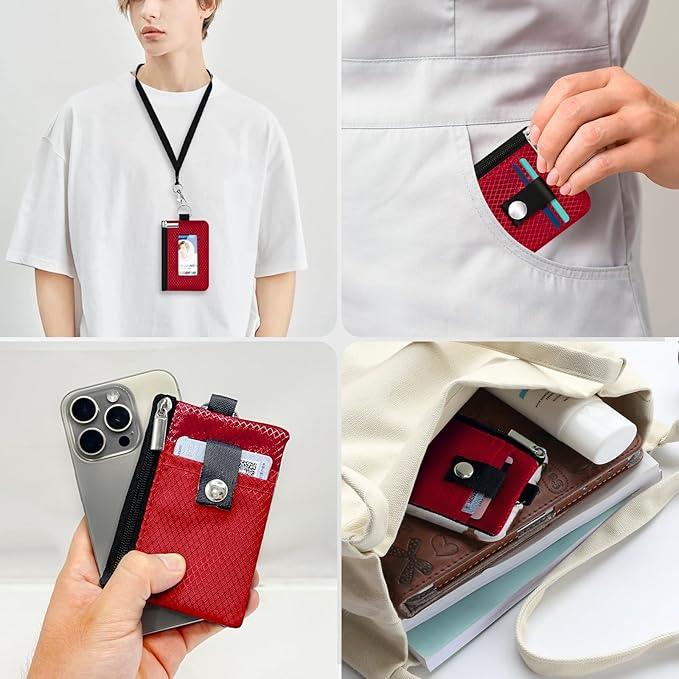 Minimalist RFID Blocking Small Wallet with ID Window,WaterResistant Zip Id Case Wallet with Lanyard Keychain for Cards,Cash,Travel,Women,Men (Red)