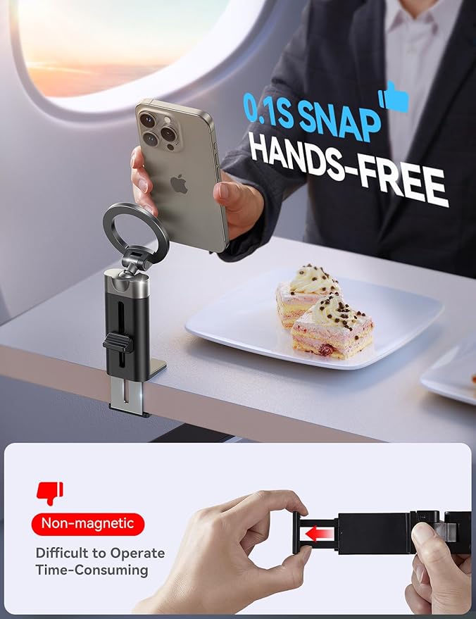JOYROOM 【360° Metal Ball & Titanium】 Magsafe Airplane Phone Holder, Travel Essentials for Airplane Phone Mount, Universal Travel Phone Holder for Plane, Must Have for iPhone 17 16 15 14 13