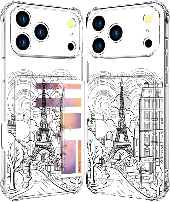 Compatible with iPhone 17 Pro Max Case Card Holder for Women Cute Design,Wallet Phone Cases Transparent Cool Kawaii Protective (Clear Paris City Eiffel Tower)