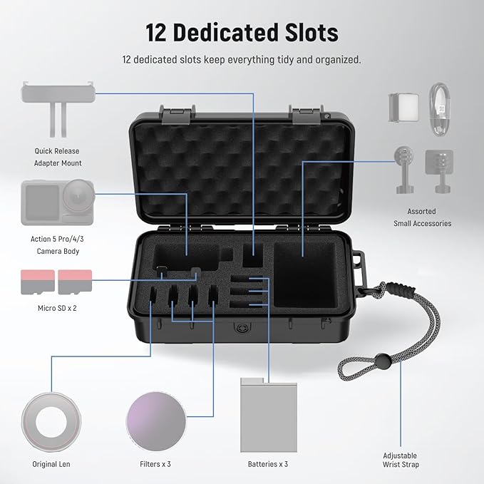 NEEWER Hard Case Compatible with DJI Osmo Action 5 Pro / 4/3 Camera, IP67 Waterproof Dustproof Shockproof Portable Travel Storage Case with Custom Foam Inserts & 12 Slots for Accessories, AC031