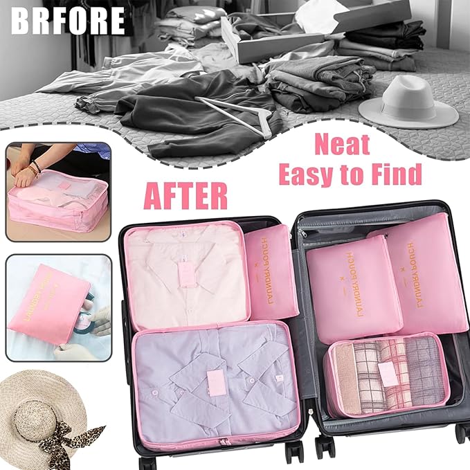 12 Set Packing Cubes for Travel Luggage Packing Bags Reusable Waterproof Suitcase Organizer Bags Set with Shoe Bag and Toiletry Bag (Black+Pink)