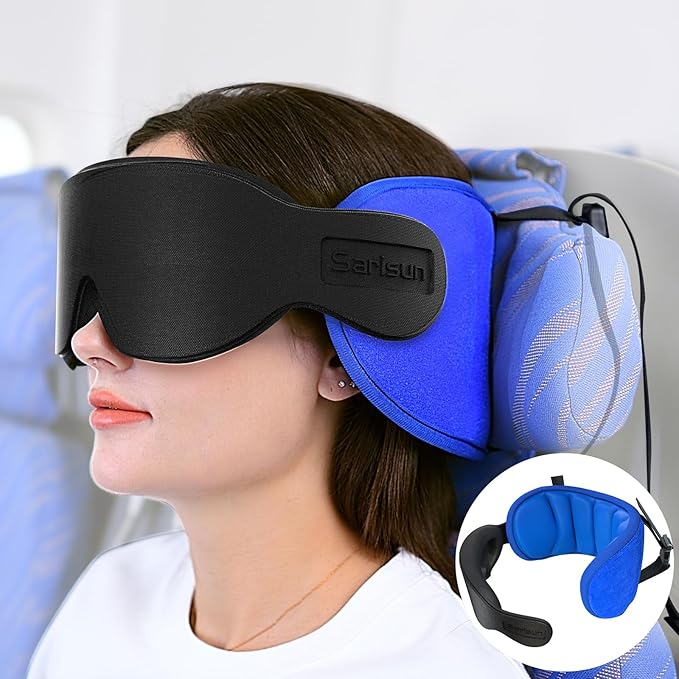 SARISUN Travel Pillows for Airplanes, Airplane Pillow with 3D Eye Mask for Sleeping, 360° Support Headrest for Long Flight, Road Trip, Stop Bobblehead Travel Essential Airplane Sleep Head Strap, Blue