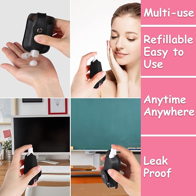 Hand Sanitizer Keychain, Hand Sanitizer Spray Holder, Premium PU Leather Travel Size Bottle Cases (1 oz), Refillable, Squeeze or Spray, Black, Empty