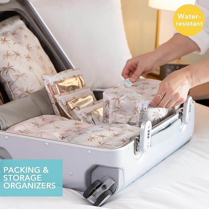 Bumkins Packing Cubes and TSA Approved Pouches for Travel Bag, Organize Luggage with Compression Bags, Essential Traveling Accessories to Pack Clothes, Toiletries Carry On Suitcase, 5-pc Palm Trees