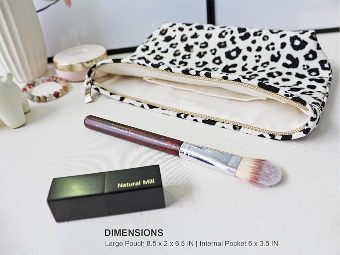 HAPPYHEIDI Leopard Print Makeup Bag with Pocket Large Cosmetic Toiletry Travel Pouch, Creamy White Cheetah, Lined, Zipper Closure, 8.5 × 2 x 6.5 inches