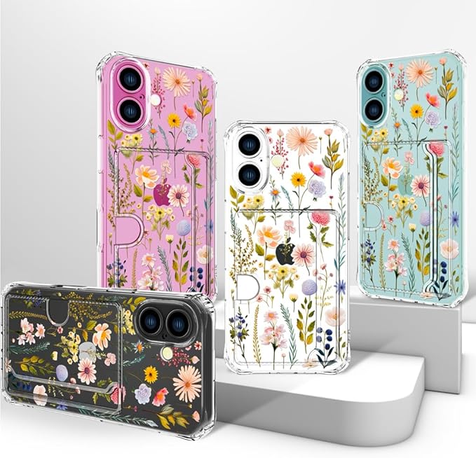 Compatible with iPhone 17 Case Card Holder for Women Cute Design,Wallet Phone Cases Transparent Cool Kawaii Protective (Clear Watercolor Floral)