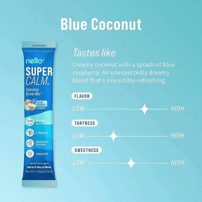 Nello Supercalm Drink Mix with Magnesium Glycinate, KSM 66 Ashwagandha, Vitamin D3 and L Theanine, Calm Powder Supplements for Relaxation Support, No Sugar, Travel Packets, 20 Ct, Blue Coconut