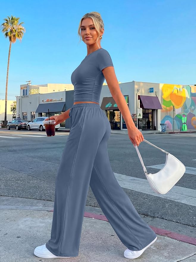 Trendy Queen 2 Piece Matching Summer Lounge Set Womens Side Ruching Top Wide Leg Pants Sets with Pockets