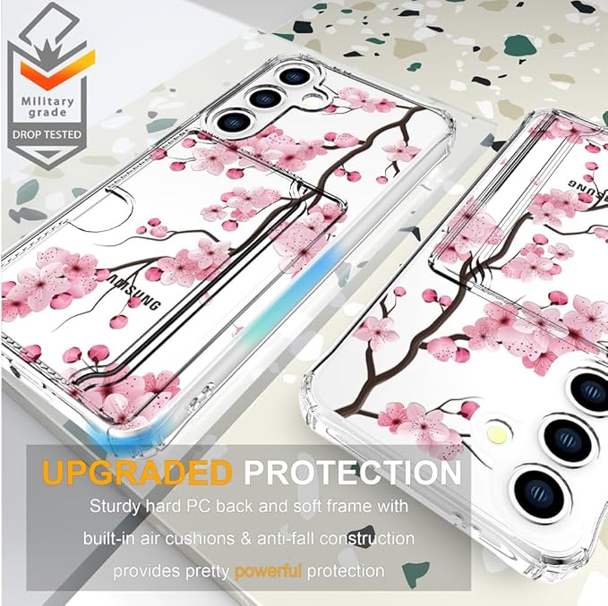 Compatible with Samsung Galaxy S24 / S25 Case Card Holder for Women Cute Design,Wallet Phone Cases Transparent Cool Kawaii Protective (Clear Sakura Peach Cherry)