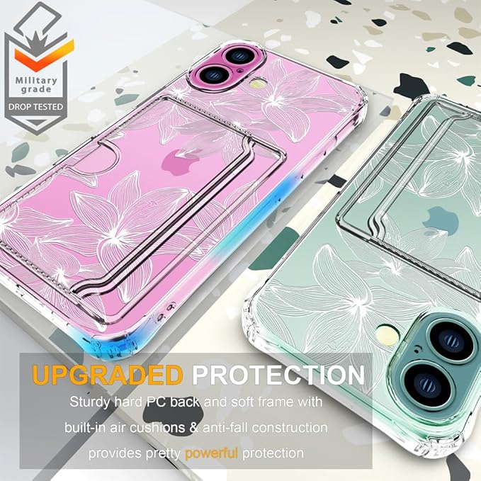Compatible with iPhone 16 Case Card Holder for Women Cute Design,Wallet Phone Cases Transparent Cool Kawaii Protective (Clear Flower White)