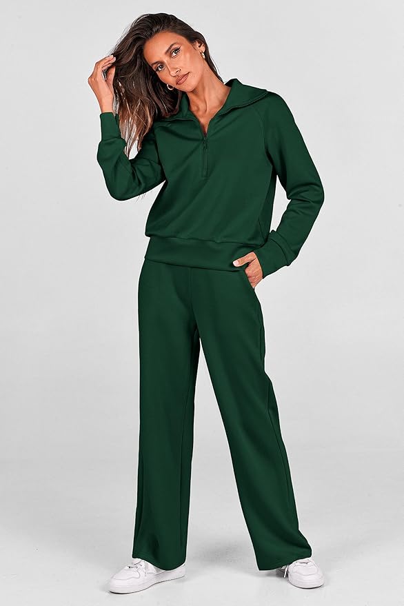 PRETTYGARDEN Women's 2 Piece Outfits Casual Lapel Half Zip Sweatshirts and Wide Leg Pants Tracksuit Sets