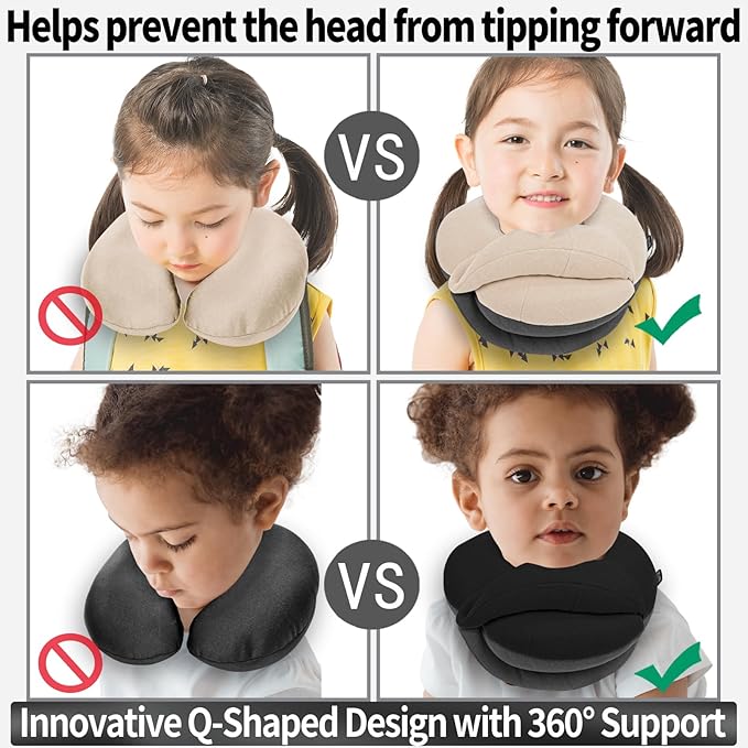 BUYUE Kids Travel Pillows for Airplane, 360° Head Support Sleeping Essentials for Boys Long Flight, Skin-Friendly Soft Neck Pillow for Traveling in Car Seat, (Small, Beige Grey, 40-90 lbs)
