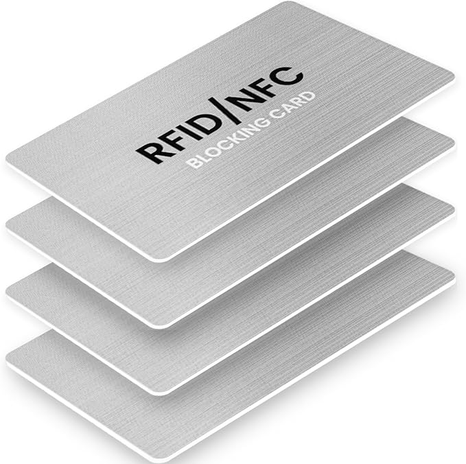 RFID Blocking Cards, Premium Contactless NFC Debit Credit Card & Passport Protector Blocker Set for Men & Women - Smart Slim Design One Card Protects Entire Wallet/Purse Safe - Silver 4 Pack