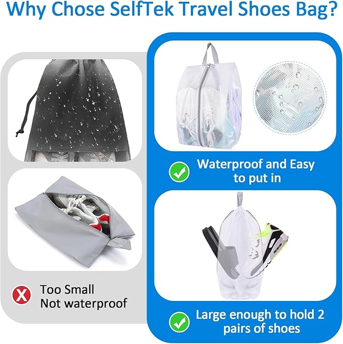 SelfTek Shoe Bags for Travel, 3 Pack 3 Size Double-Sided Zipper Shoe Bag for Men & Women, Waterproof Portable Shoe Storage Pouch with Handle, Family Travel Accessories