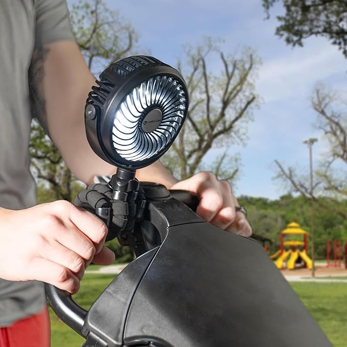Comfort Zone Portable Stroller Fan – Rechargeable Battery Operated Clip-On Fan with 360° Flexible Tripod & LED Light – 3-Speed Cooling for Car Seats, Cribs, Treadmills & Travel – Silver