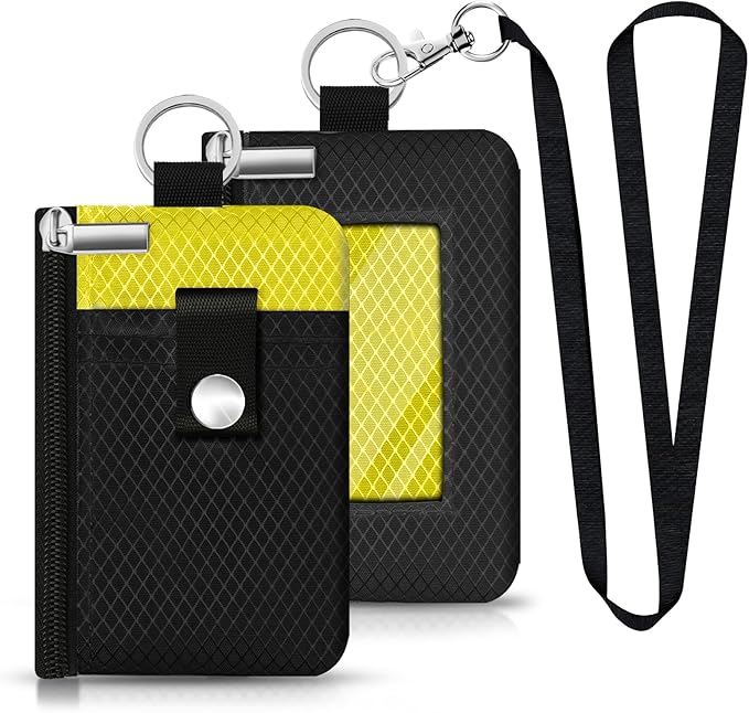 Minimalist RFID Blocking Small Wallet with ID Window,WaterResistant Zip Id Case Wallet with Lanyard Keychain for Cards,Cash,Travel,Women,Men (Black/Lemon Yellow)