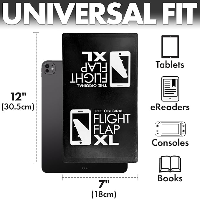 Flight Flap Airplane Tablet Holder, Flexible Cell Phone and Tablet Holder Extra Large 12x7”, Folding Cellphone Stand for Desk, Kindle, Bed, Airplane Gadgets Long Travel Essentials (Black)