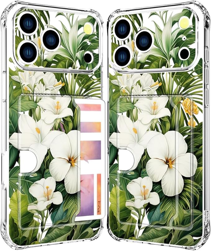 Compatible with iPhone 17 Pro Case Card Holder for Women Cute Design,Wallet Phone Cases Transparent Cool Kawaii Protective (Clear Green Flowers Tropical Jungle)