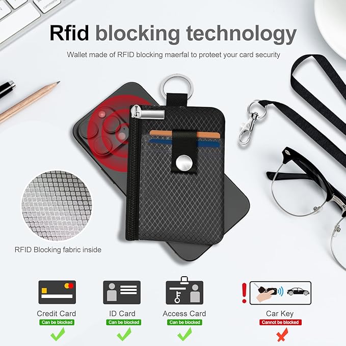 Minimalist RFID Blocking Small Wallet with ID Window,WaterResistant Zip Id Case Wallet with Lanyard Keychain for Cards,Cash,Travel,Women,Men (DarkGrey/Black)