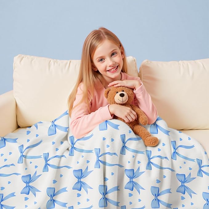 Wajade Blue Bow Kids Blanket for Girls - Pink Bow Blanket Birthday Decor for Kids Age 3 4 5 6 7 8 9 10 11 12 Years Old Teens Child Toddler Throw Pink 60"x80"