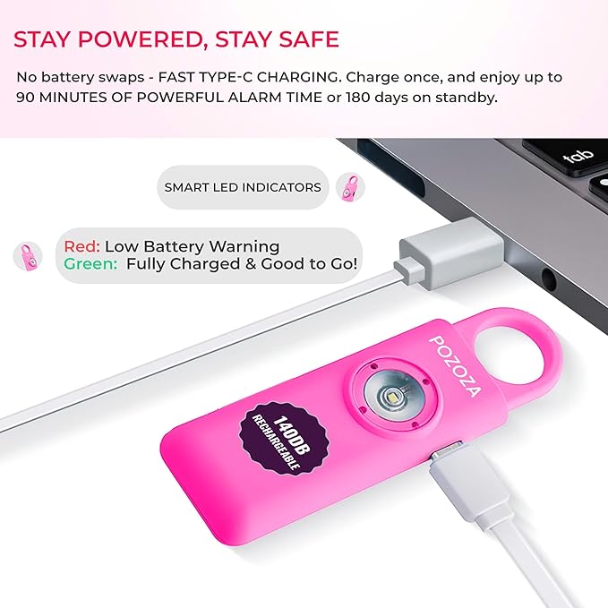 140dB Loudest USB-C Rechargeable Personal Alarm Keychain for Women – Low Battery Indicator, Strobe Light & Panic Button for Self Defense Weapons, Seniors & Travel Safety Essentials (Pink)