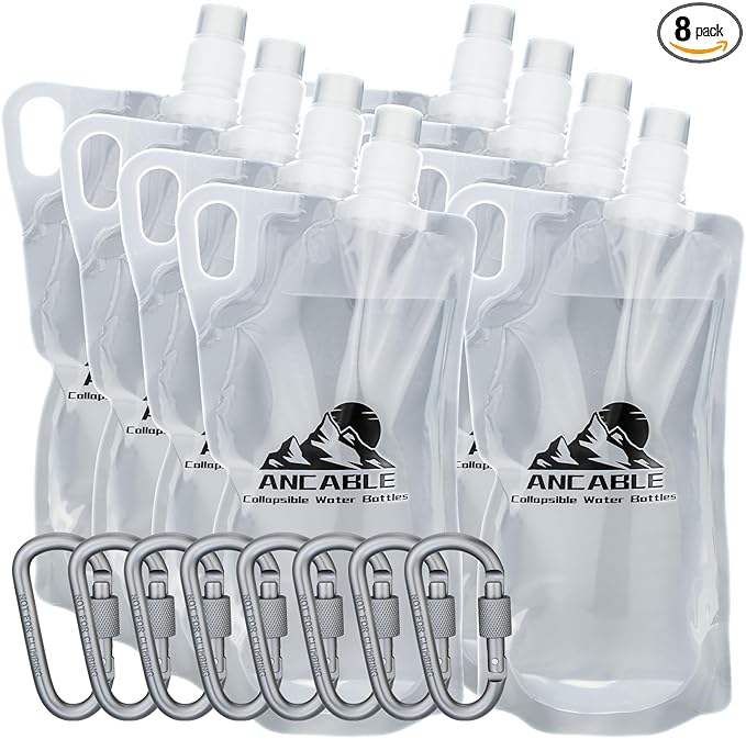 Ancable 1L Hiking Collapsible Water Bottles, 8-Pack 33OZ BPA-Free Foldable Backpacking Water Bottle for Travel Camping Hiking