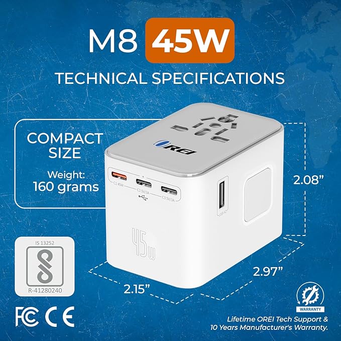 OREI 45Watt Universal Travel Adapter | 3X USBC 2XUSB A - 6-in-1 Universal Power Adapter | Universal Chargers for All Devices Compatible 150+ Countries | Type C, A, G, I Compatible